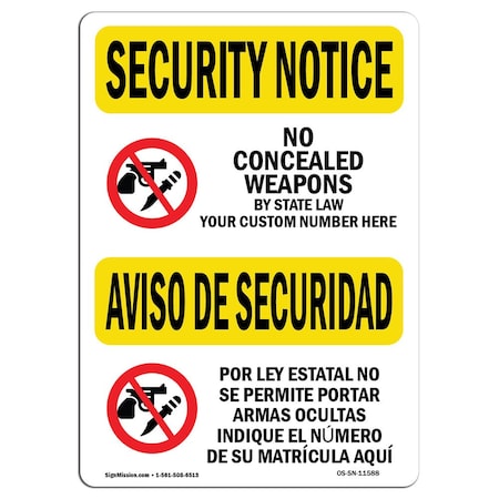 Signmission Sign, 12" H, 18" W, Aluminum, No Concealed Weapons Bilingual, Landscape, SN-A-1218-L-11588 OS-SN-A-1218-L-11588